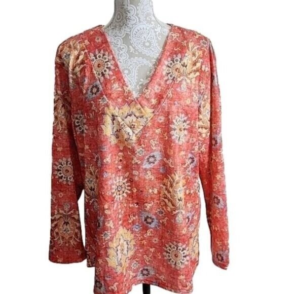 Noracora Top Tunic Orange Floral Jersey Vneck NWT Women's XXL - Picture 1 of 5
